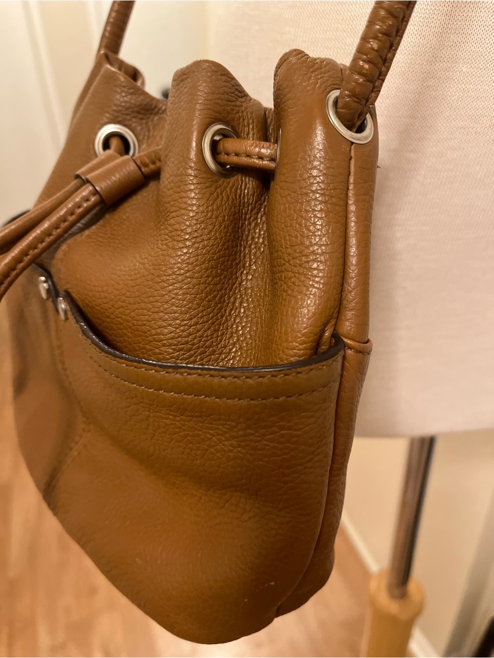 Tignanello Caramel Brown Pebbled Leather Drawstring Crossbody - Picture 2 of 10